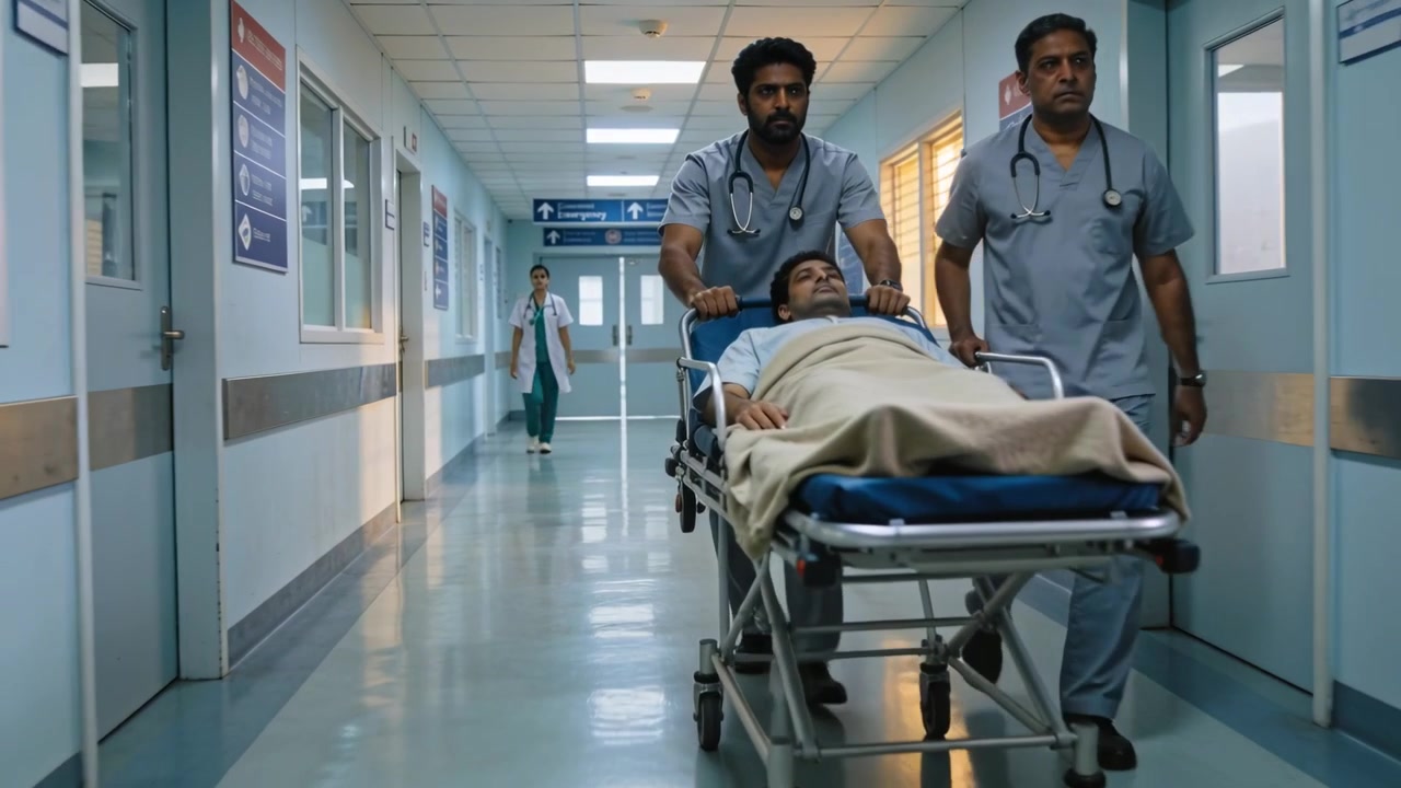 Personale medico in camici grigi che spinge una barella lungo un corridoio d'emergenza, con un paziente avvolto in una coperta beige.