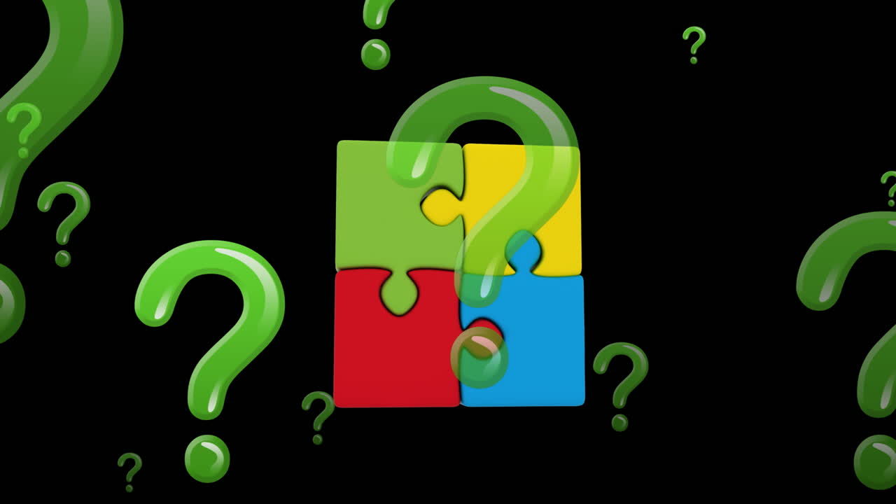 animación de signos de interrogación y rompecabezas sobre fondo negro