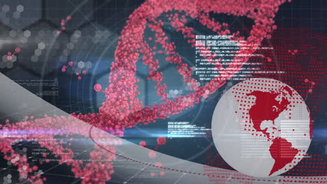 animación de la cadena de adn girando sobre el procesamiento de datos médicos y el globo