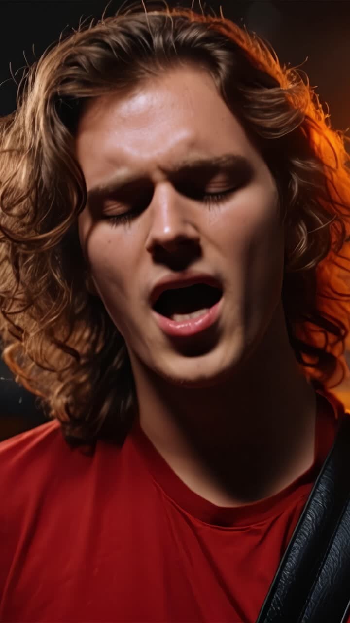 Captivating Performer: A Young Musician's Passion Explodes on Stage, Showcasing Emotion and Talent Through Powerful Vocal Delivery and Intense Musical Energy