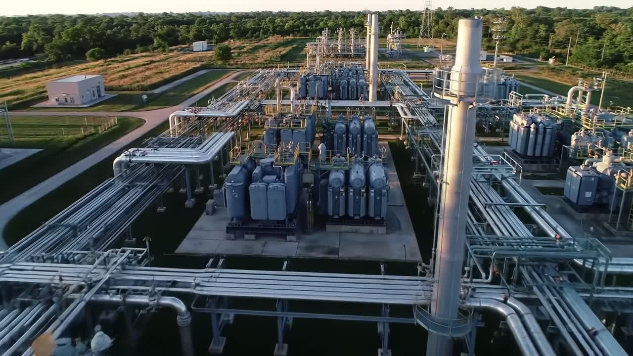 Aerial View of Industrial Gas Processing Facility with Extensive Pipeline Network and Storage Tanks, Highlighting Advanced Infrastructure for Energy Production