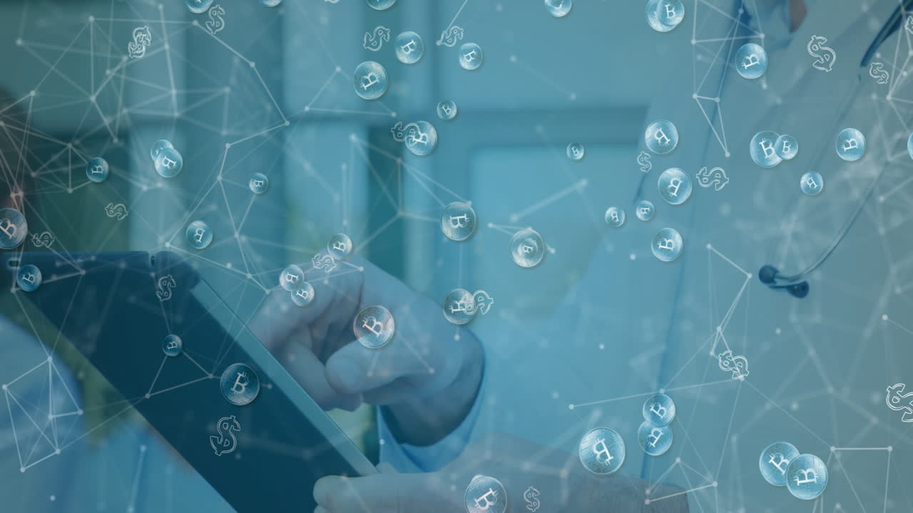 Using tablet, person interacting with animation of cryptocurrency symbols in school