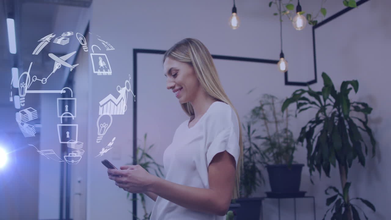 animación del globo con una red de iconos sobre una mujer de negocios caucásica en el cargo