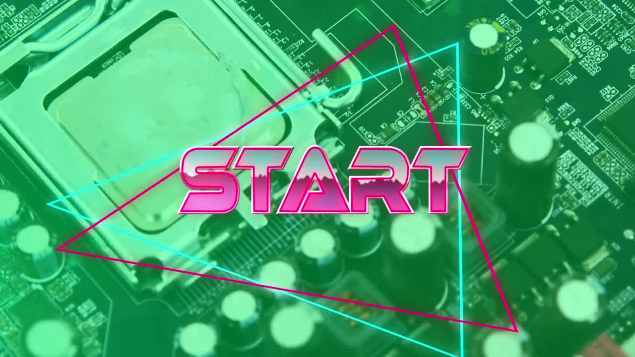 Animation of pink metallic text start, over neon lines, on green computer motherboard