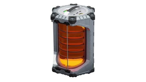 close-up of one scifi hexagonal battery in infinite rotation with a glowing translucent orange cylinder