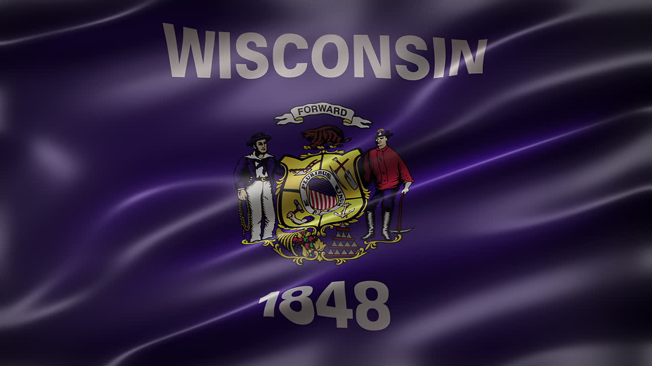 The Flag of Wisconsin, front view, full frame, glossy, sleek, elegant silky texture, fluttering, waving in the wind, realistic 4K CG animation, movie-like feel and look, seamless loop-able