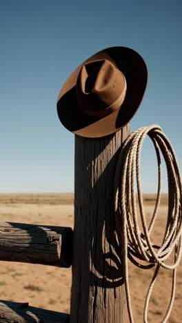 cowboy hat and lariat on a wooden post
