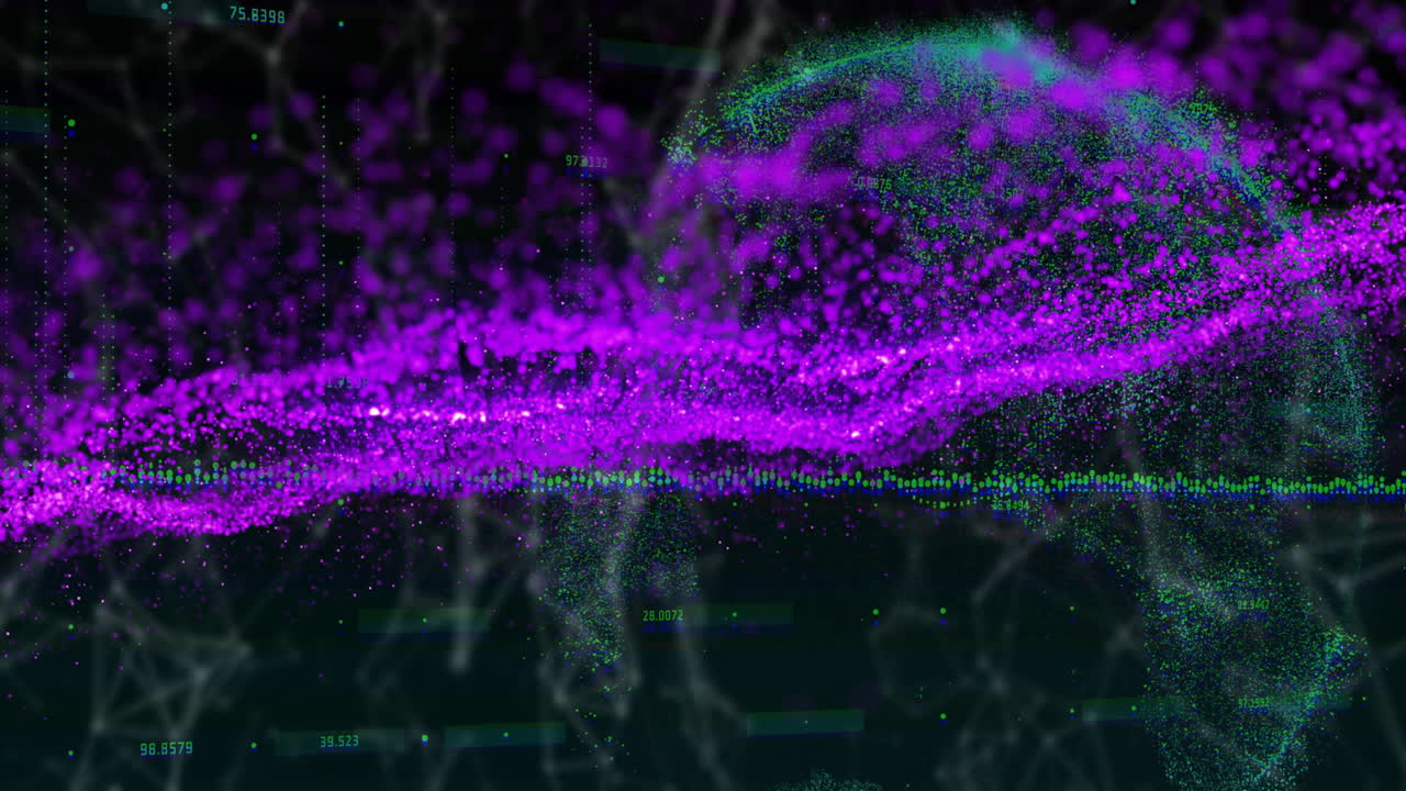 Animation of vibrant purple and green waves with abstract digital particles forming