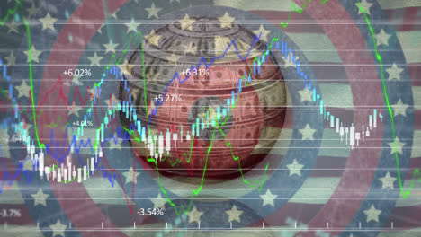 Globo-Hecho-De-Dólares-Americanos-Y-Estrellas-En-Círculos-Giratorios-Contra-La-Bandera-Estadounidense-Que-Ondea