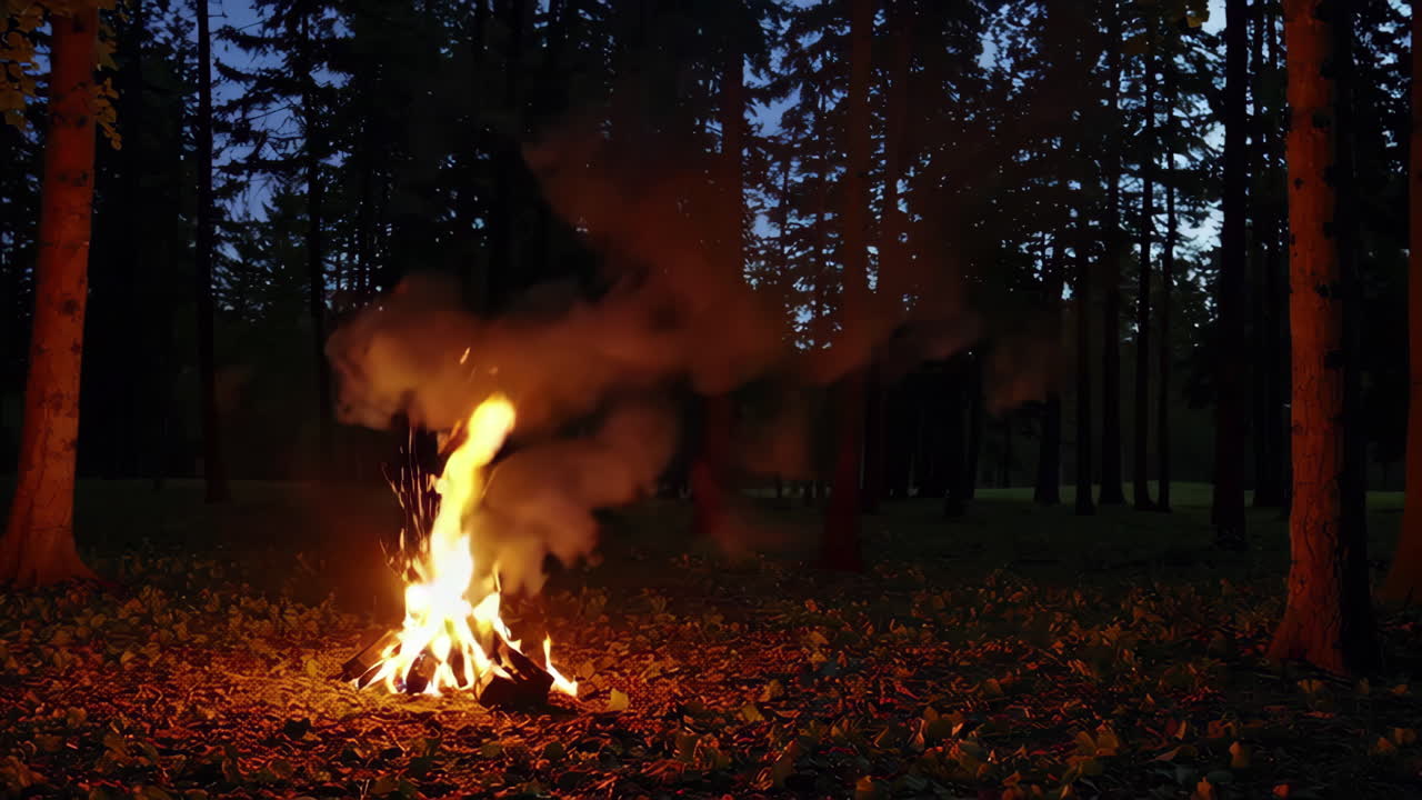 밤 에 숲 에서 캠프 불