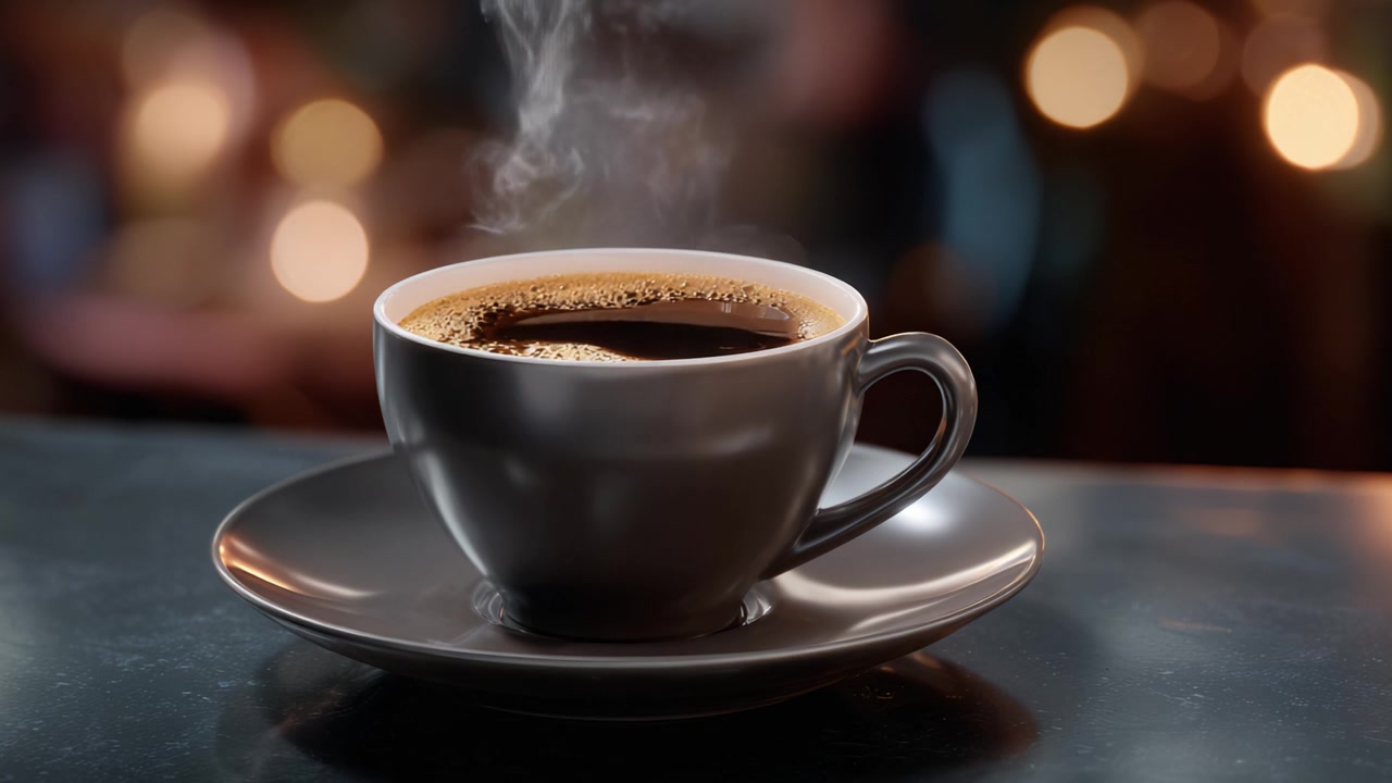 En dampende kop rig kaffe på en blank overflade omgivet af blødt slørede lys, der fremkalder en hyggelig og indbydende atmosfære for kaffeelskere overalt.