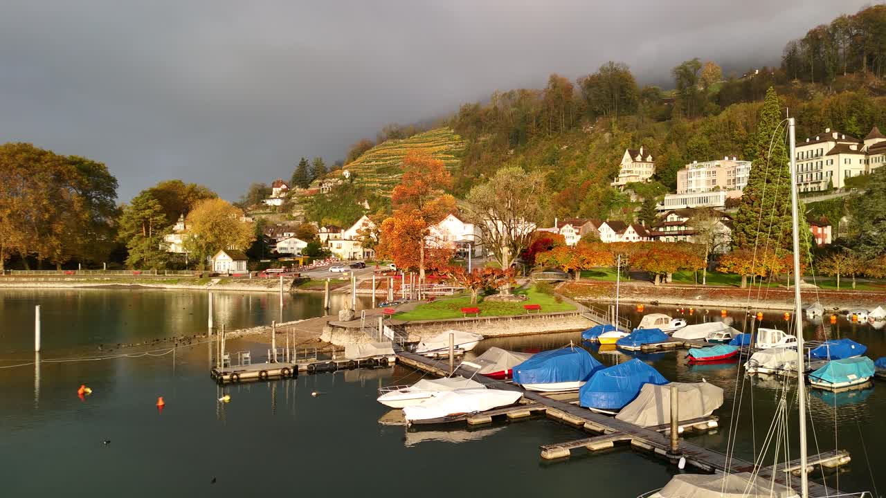 Autumnal Lakeside Village with Boats and Vineyards