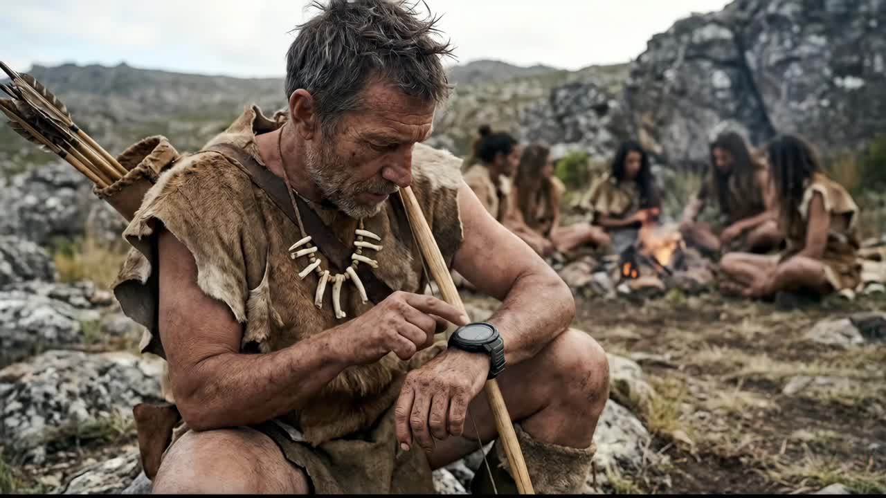 Uomo primitivo con uno smartwatch moderno in un ambiente preistorico