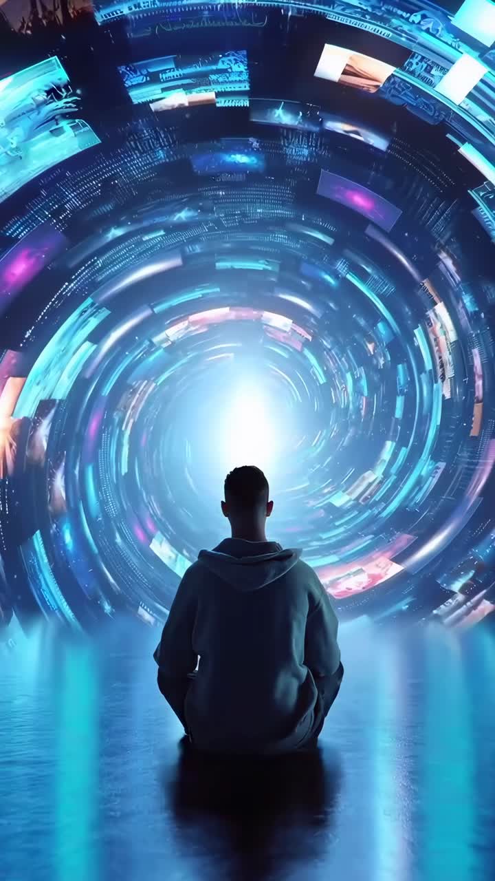 Un uomo siede di fronte a un tunnel digitale vorticante di schermi video, ripreso da dietro.