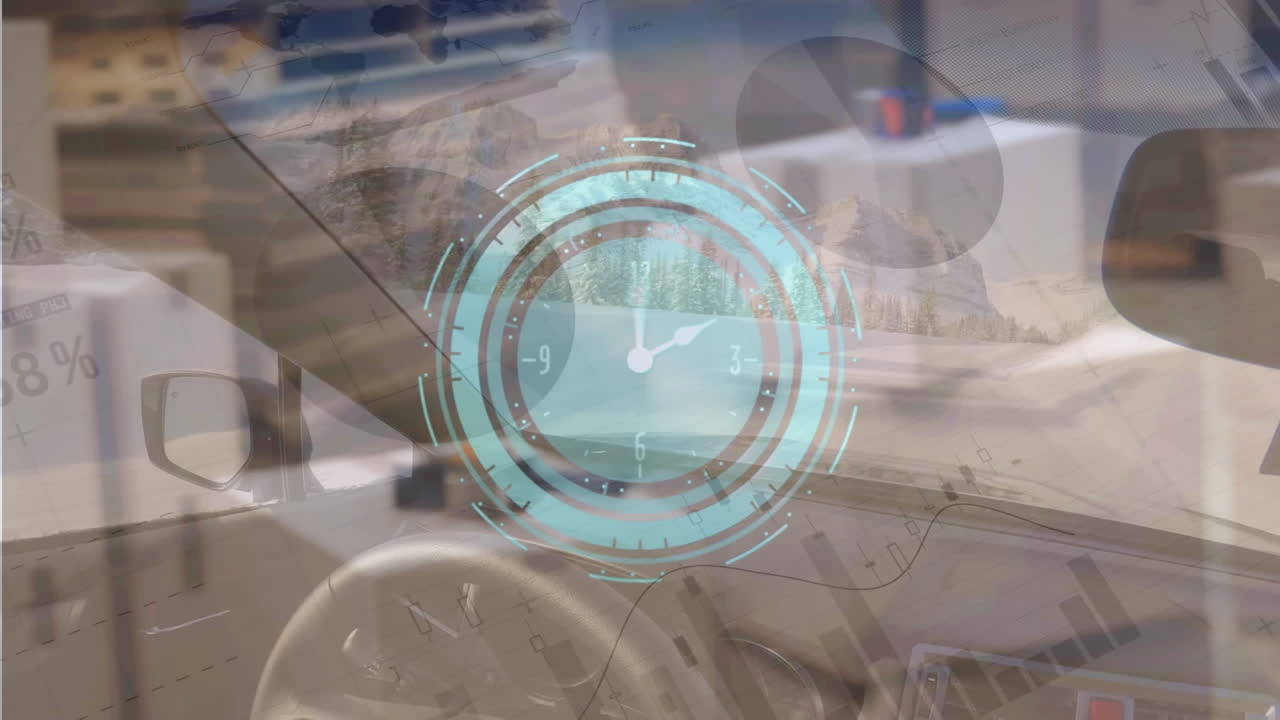 파란 시계의 애니메이션과 창고와 자동차에 대한 데이터 처리