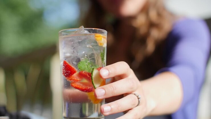 Lady Picking Up Glass of Summer Cocktail