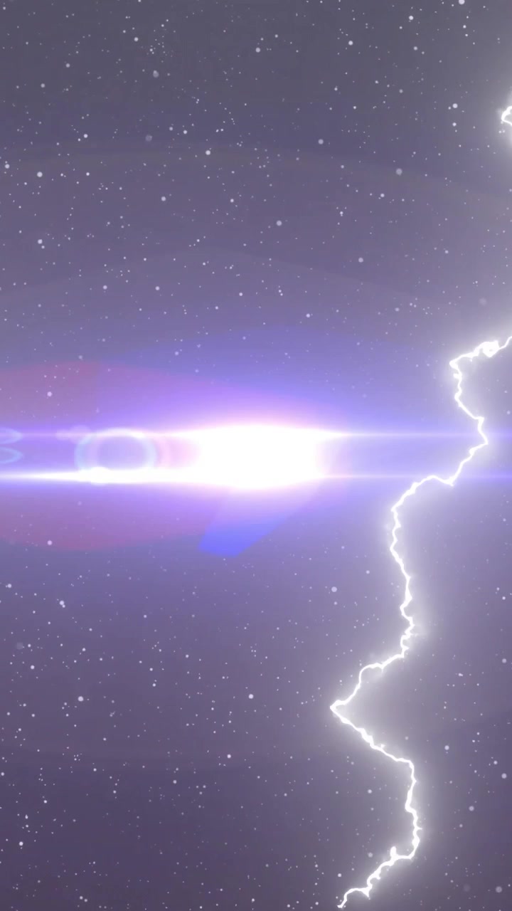Video verticale: Scintilla viola che avvia un nucleo, con un bagliore dell'obiettivo crescente che si espande su un campo stellare per mostrare energia.