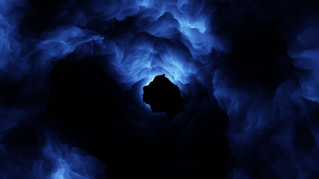 Futuristic motion spiral blue storm clouds in dark sky