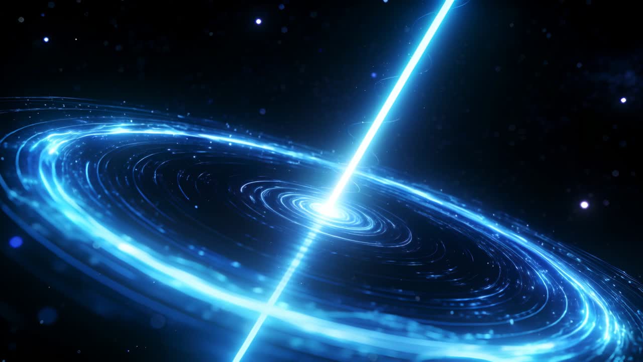 Rotating blue disc and beam responding to camera shift in deep space, with orbiting particles