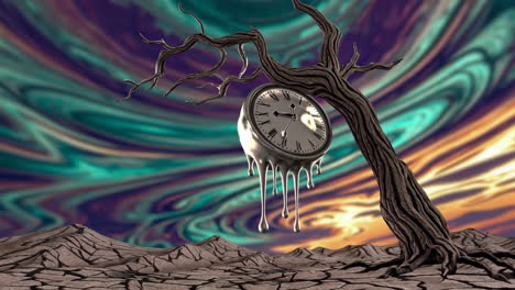 melting clock on a dead tree