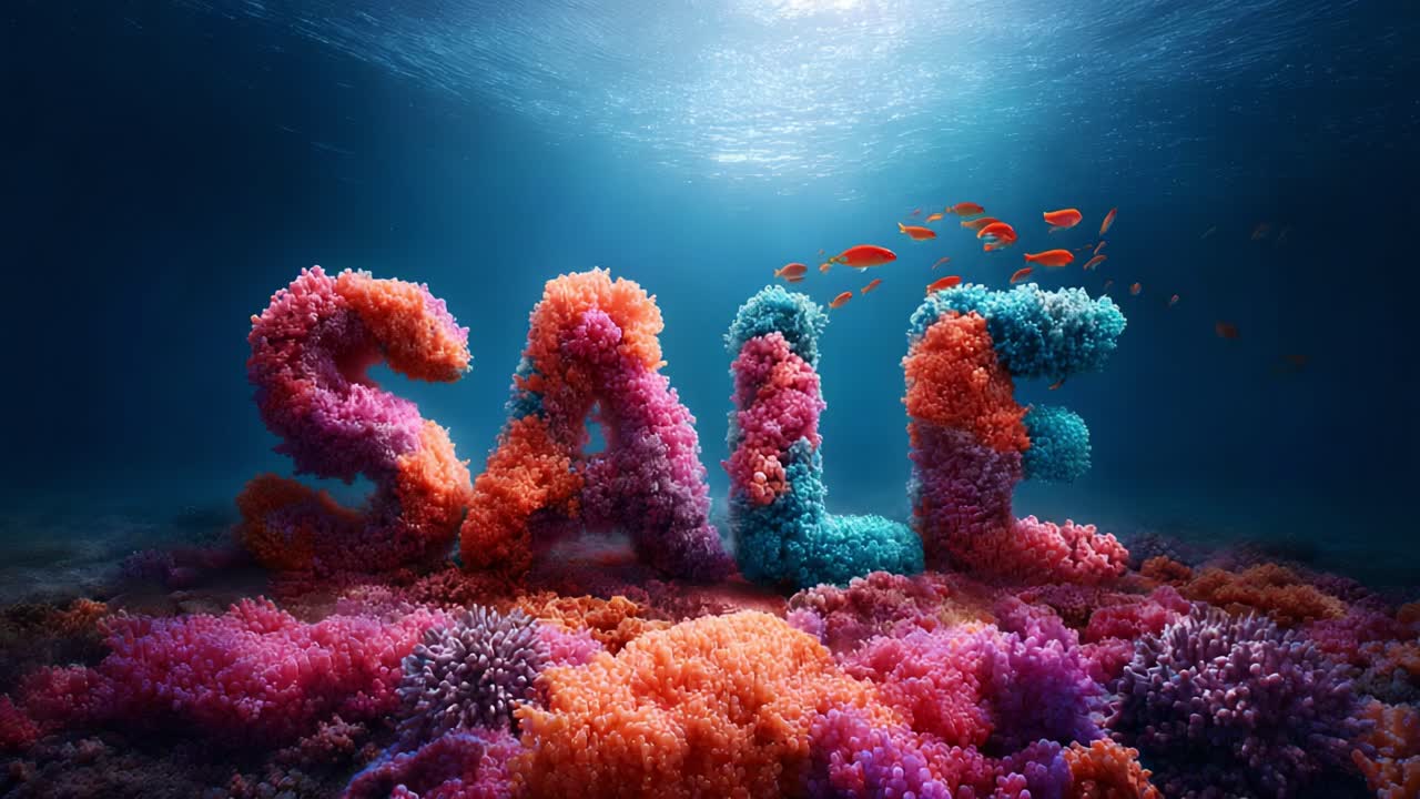 A vibrant underwater scene showcases colorful coral formations spelling out 'SALE', surrounded by aquatic life and shimmering sunlight filtering through the water's surface