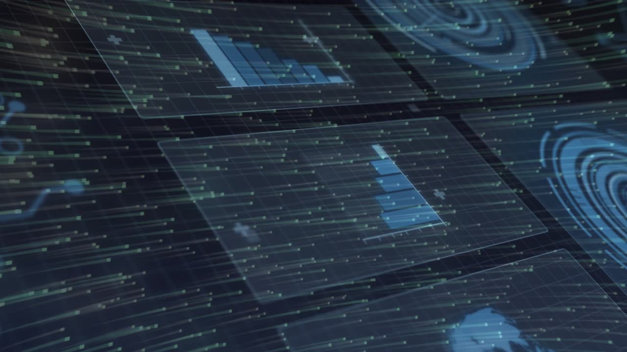 On startup grid panels sliding, data lines streaming, charts fading, bars filling, showing trend