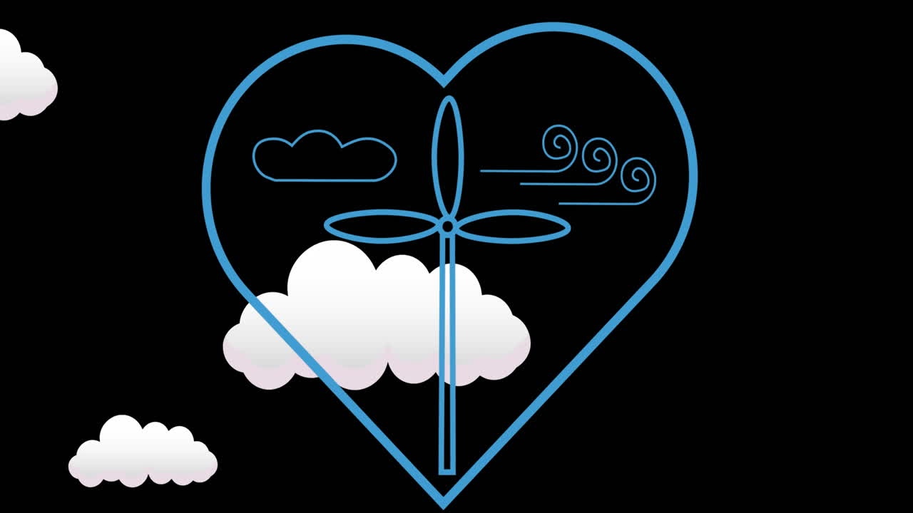 animación de la turbina eólica en el corazón sobre nubes en fondo negro