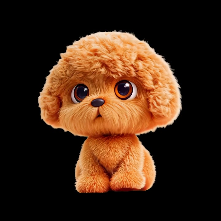 Sød fluffy tegneseriehvalp med store øjne på sort baggrund