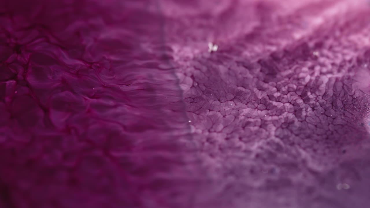 Swirling pink and white liquids blend together in a smooth, mesmerizing macro close-up shot