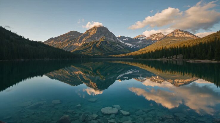 Luce solare mutevole e nuvole che si spostano, alterando il riflesso della cresta alpina sul lago alpino con rocce