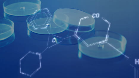 animation of chemical structures data processing over laboratory dishes on blue background