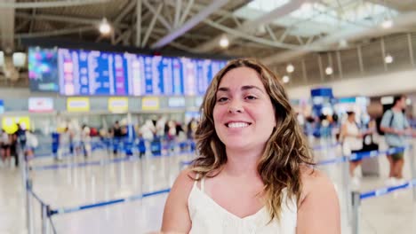 woman smiling at airport departure screens, ready for adventure
