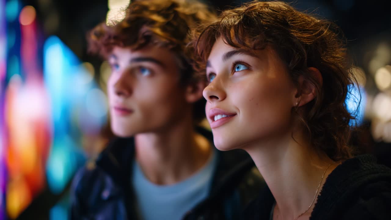 Captivated by Digital Wonders: A Young Couple Experiences the Vibrant World of Technology and Art Together in an Engaging and Colorful Atmosphere, Sharing Joy and Curiosity Through Their Expressions