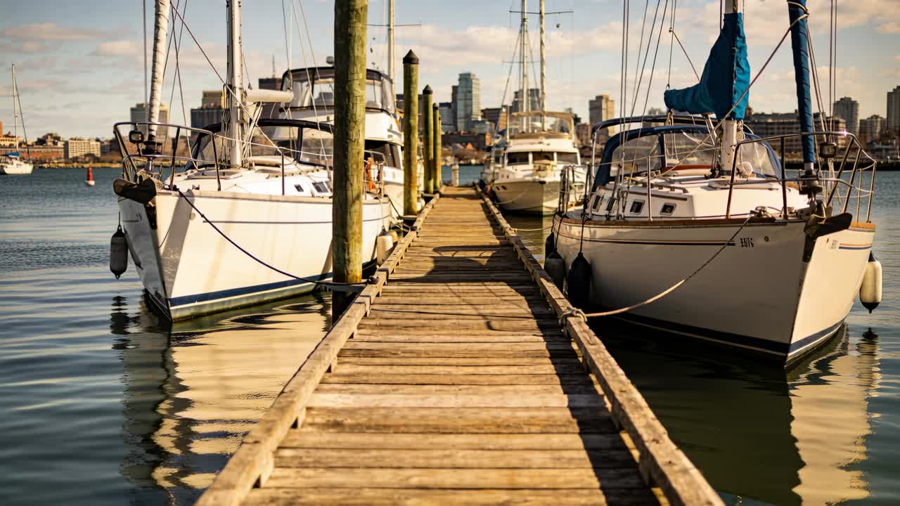 Starting camera gliding along narrow wooden pier at marina, revealing moored sailboats and skyline