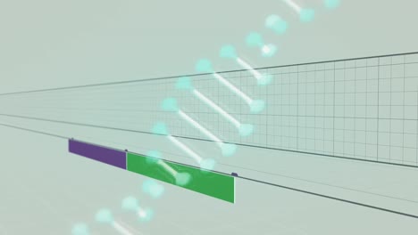 animation of rotating dna chain over beige background with appearing violet and green line