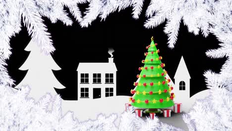 Animation-of-christmas-tree-spinning,-houses-and-white-fir-tree-branches-on-blue-background