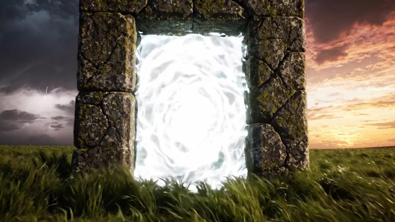Mystisk portal dukker op fra gammel sten på en frodig mark, omgivet af en dramatisk himmel med torden og solnedgangsfarver, der inviterer til udforskning af det ukendte