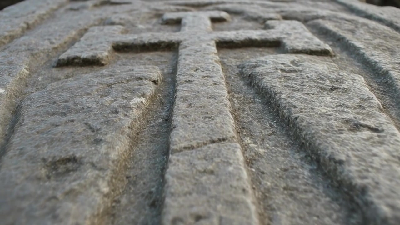 Pulling back camera revealing carved stone cross relief on exterior slab, showing weathered texture