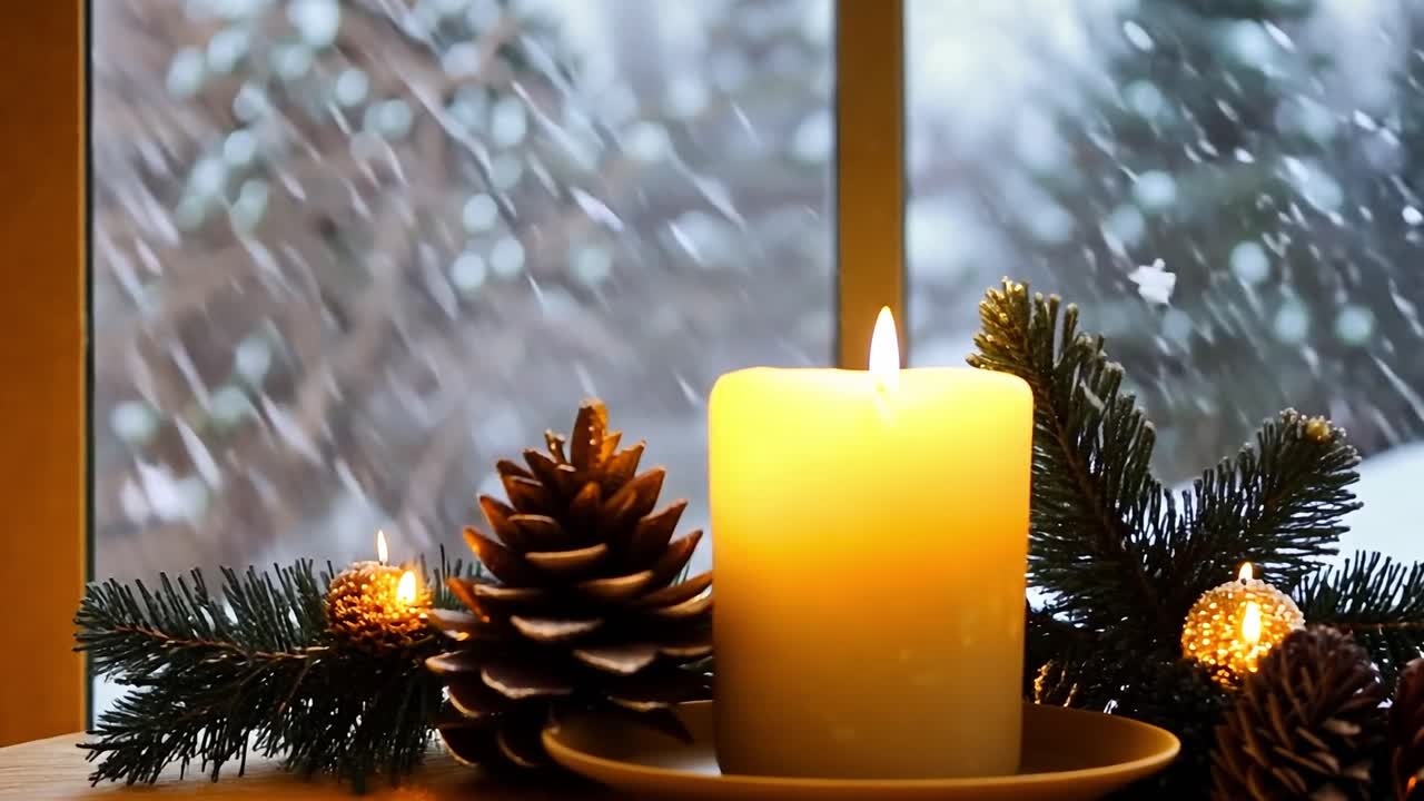 una confortevole scena invernale con una candela accesa, coni di pino e rami sempreverdi