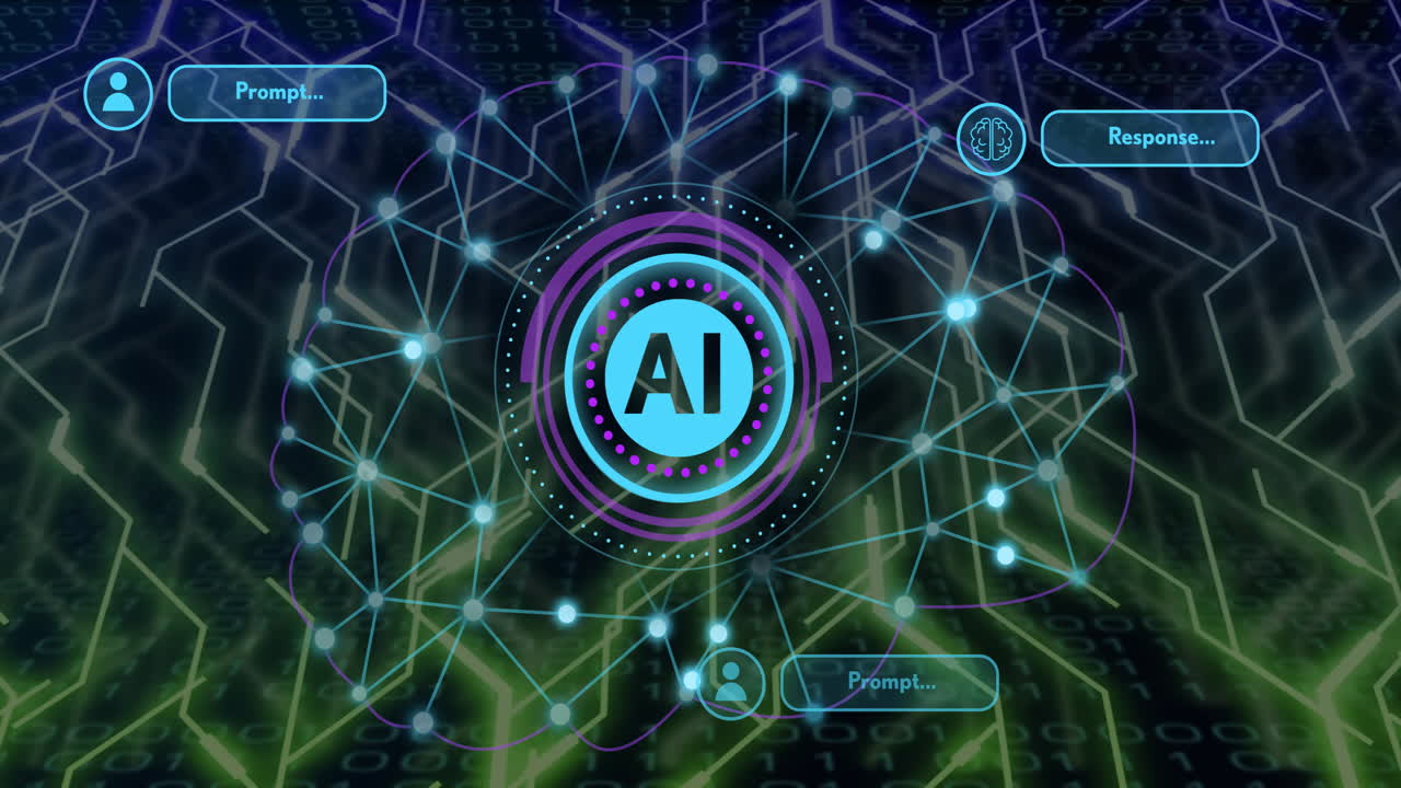 Animation of ai scanner, brain network and chat dialogue over glowing network