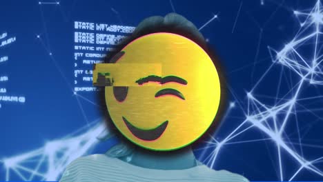 Winking-face-emoji-over-caucasian-woman-against-network-of-connections-and-data-processing