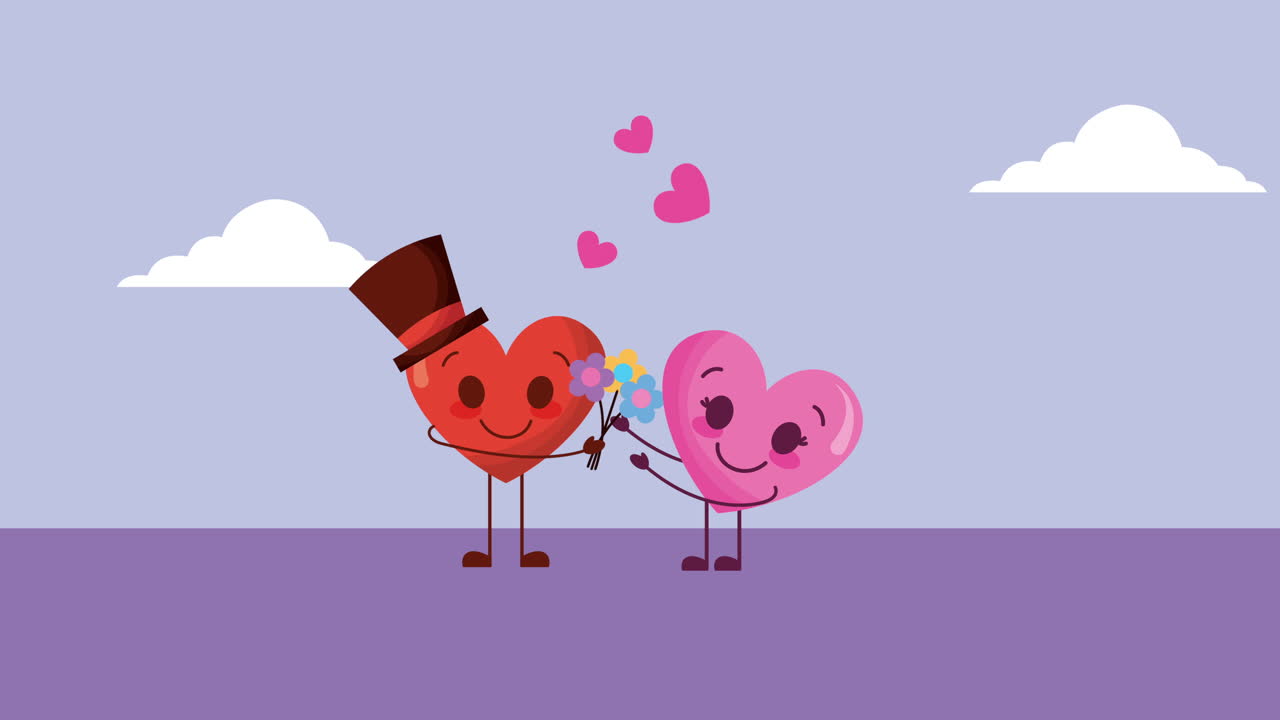 사랑의 커플 하트 캐릭터와 함께 발렌타인 카드