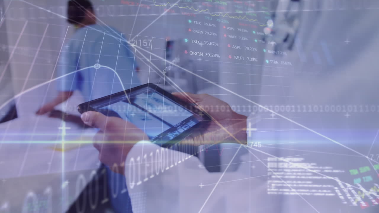 Animation of coding, graphs, data over midsection of caucasian doctor analyzing x-ray in tablet