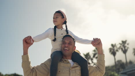 beach, walking and dad with child on shoulder