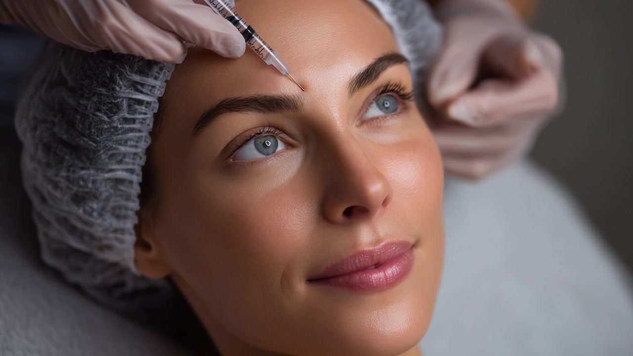 Skønhedsbehandling: En patient modtager æstetisk injektion til hudforyngelse og anti-aging omkring panden og øjnene i kliniske omgivelser