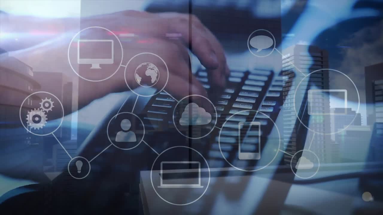 animación de la red de conexiones con iconos sobre las manos de un hombre caucásico escribiendo en el teclado