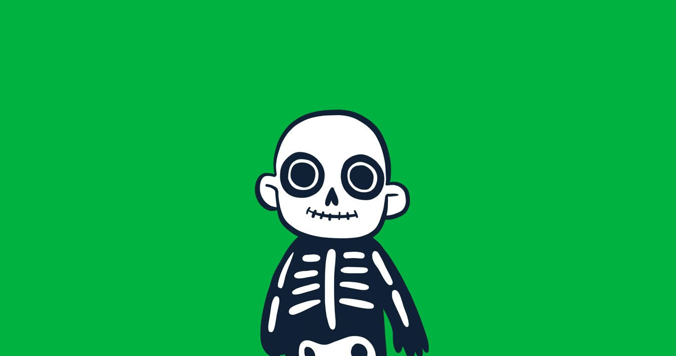 Illustrazione digitale di Halloween raffigurante uno scheletro inquietante su sfondo nero.