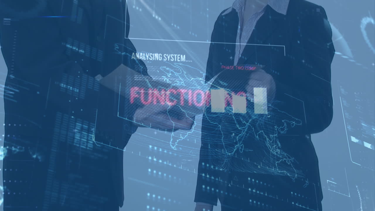 데이터 처리의 애니메이션, 세계 지도 및 분석, 코카서스 사업가에 대한 완전한