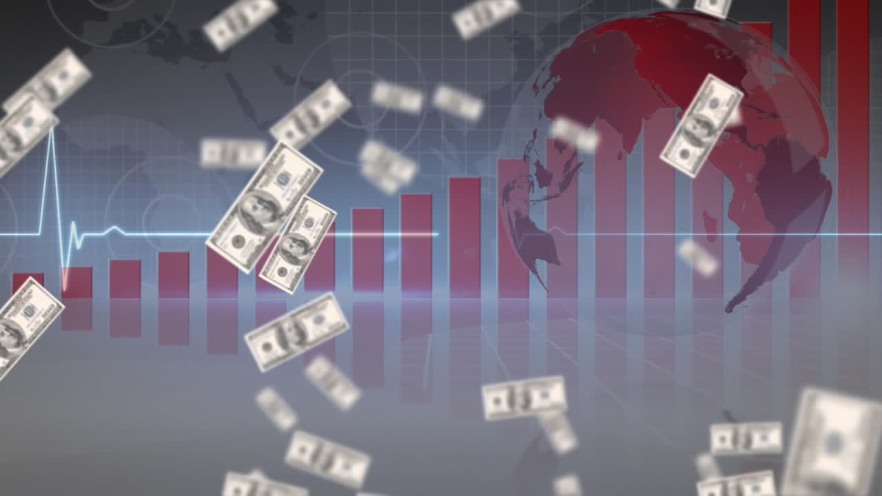 American dollar bills falling over spinning globe and world map against statistical data processing