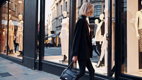 stylish woman walking by store window
